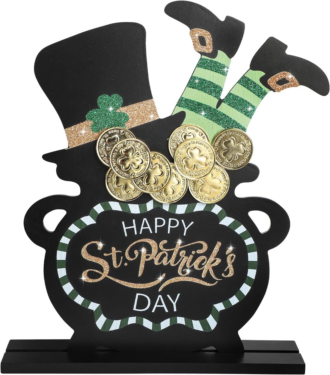 12 Inches Wooden St. Patrick's Day Decorations Indoor, Large Glitter Shamrock Pot Tabletop Decor with Base